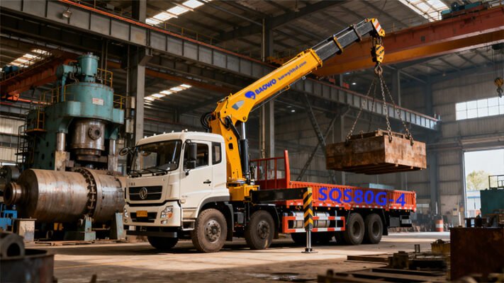 SQS80G-4, 4 ton truck crane, 8 TM crane, straight boom truck crane, hydraulic crane, BAOWO crane, long reach truck crane, 10.3 m outreach crane, heavy-duty lifting crane, truck mounted crane, industrial lifting crane, construction crane, material handling crane, full rotation crane, durable hydraulic truck crane