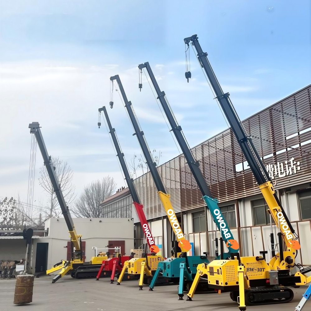 12 ton spider crane,22m mini crane,heavy duty mini crawler crane,industrial lifting spider crane,BAOWO BW-12T crane,BW-12T mini spider crane,6 section telescopic spider crane,curtain wall spider crane,compact heavy duty crane,narrow access lifting 12t