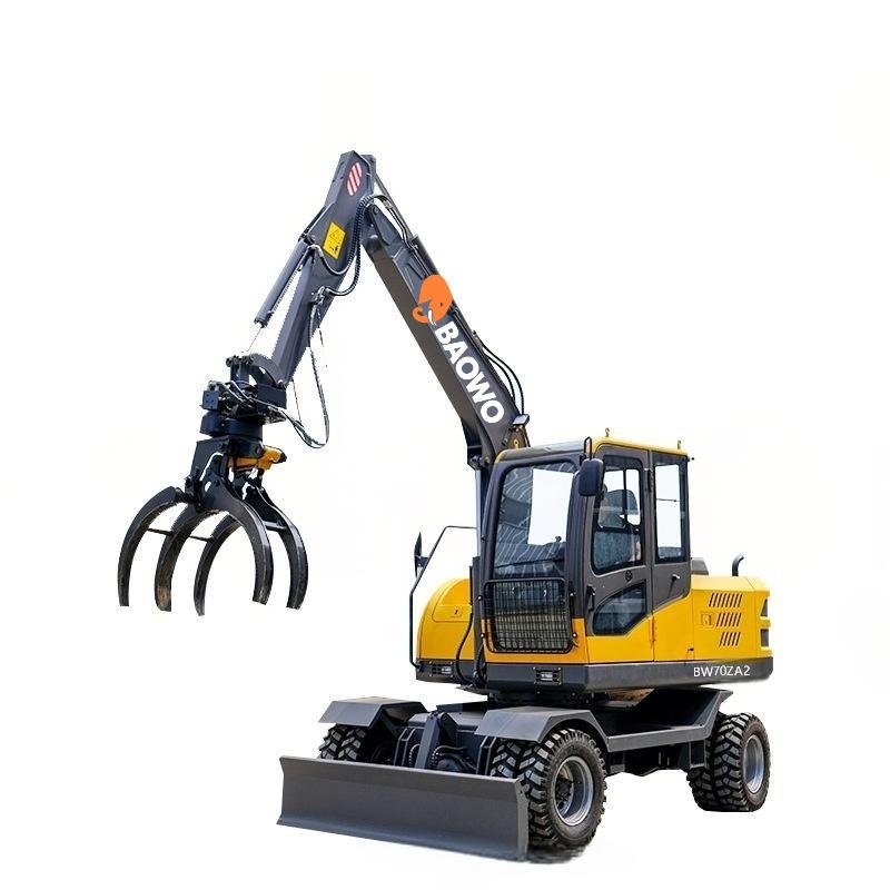 wheeled excavator log grapple, hydraulic timber grapple, rotating log grapple, timber loader machine, forestry equipment, BAOWO BW70ZA2, hydraulic grapple attachment, construction machinery