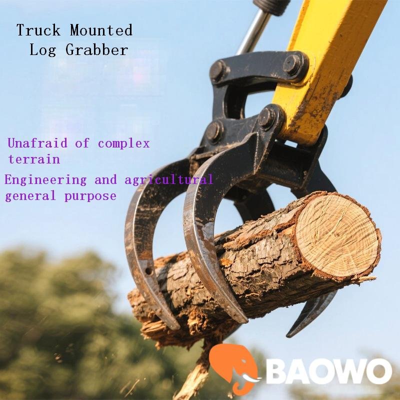 truck mounted log grapple crane, hydraulic log grapple crane, timber crane for truck, dump truck log loader, BAOWO crane, heavy duty log grapple, forestry machinery, truck mounted timber crane