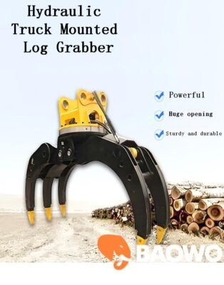 wheeled excavator log grapple, hydraulic timber grapple, rotating log grapple, timber loader machine, forestry equipment, BAOWO BW70ZA2, hydraulic grapple attachment, construction machinery