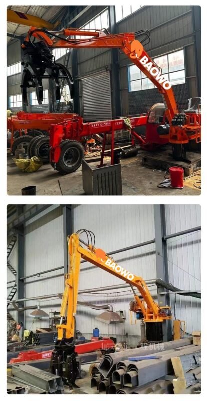 truck mounted log grapple crane, hydraulic log grapple crane, timber crane for truck, dump truck log loader, BAOWO crane, heavy duty log grapple, forestry machinery, truck mounted timber crane